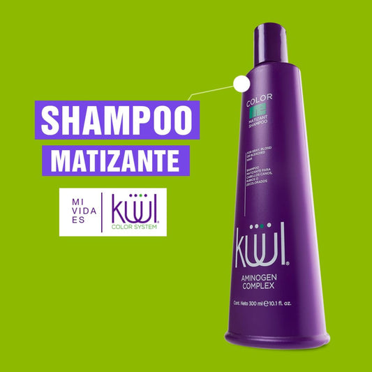 Five Brothers Kuuul Purple Shampoo bottle pour reveals violet pigments to reduce brassiness.
