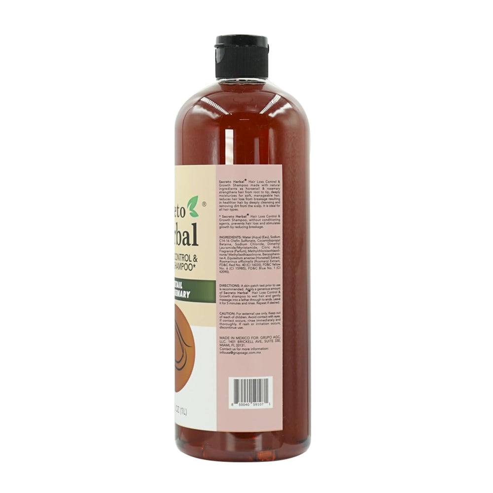 Five Brothers Secreto Herbal Shampoo bottle pouring, rosemary scent nourishes scalp.
