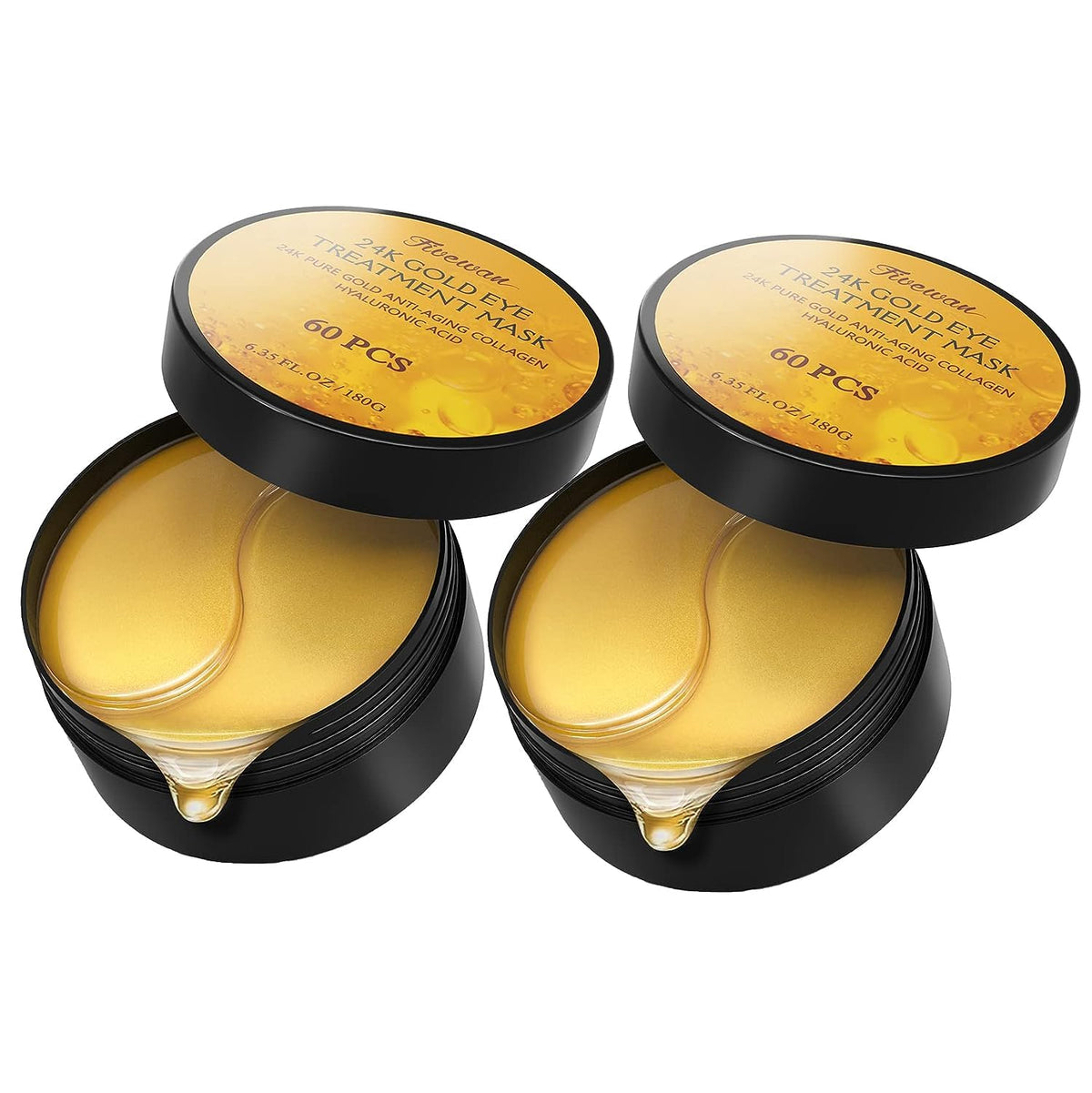 Fivewan 24k gold under-eye patches glow with cooling hydration for refreshed eyes.