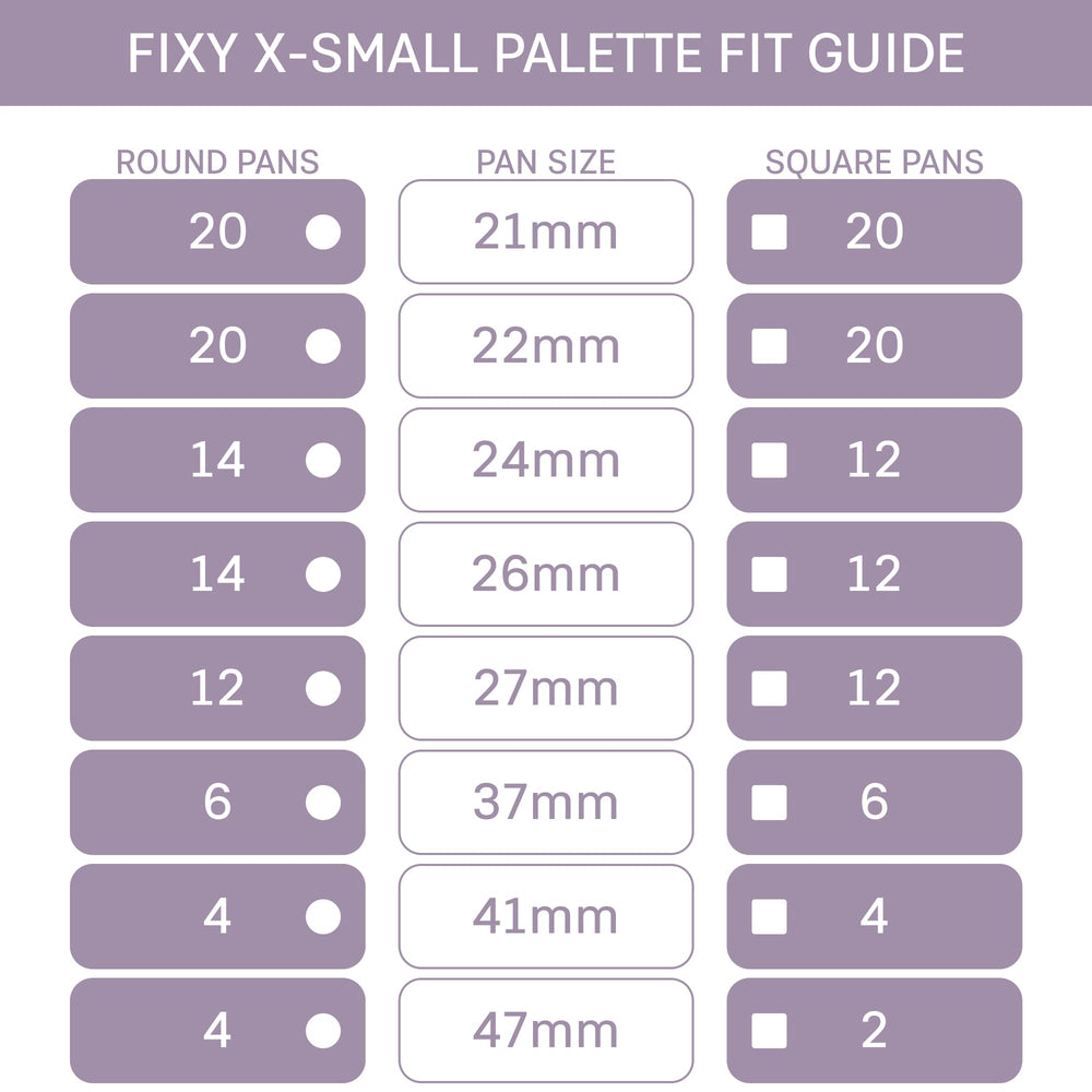 FIXY pans-compatibility supports 14x26mm, 6x37mm, 4x47mm pans in one tray.