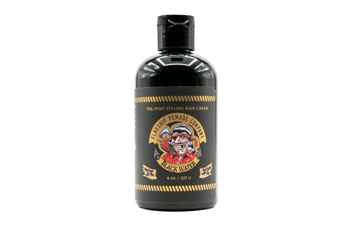 Flagship Black Water Pomade bottle ready for matte, natural styling.