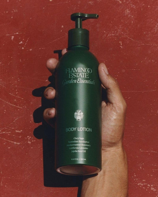 Flamingo Estate body lotion ingredients highlight jojoba, avocado, and shea for rich moisturization.