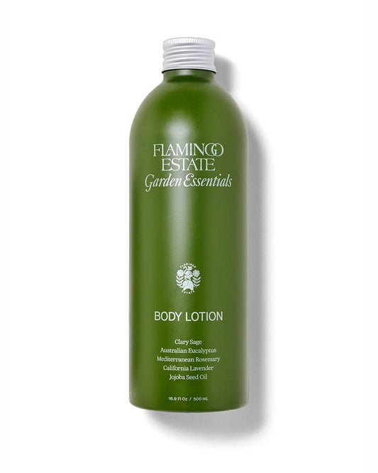 Flamingo Estate Clary Sage & Ionian Bergamot lotion bottle showcases fast absorption for daily hydration.