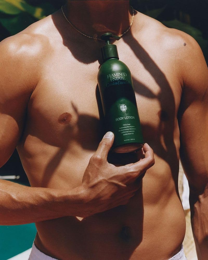 Flamingo Estate quick-absorption formula shown on skin after bath for a healthy sheen.