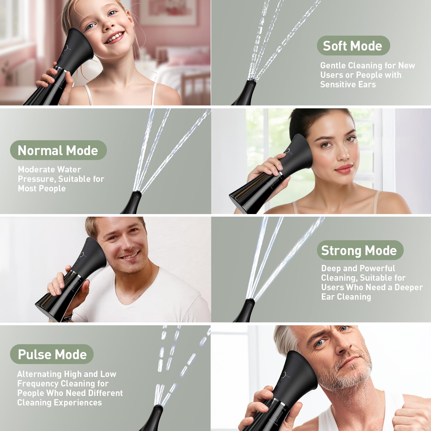 FlaoAito soft pressure mode ensures comfortable rinsing with gentle ear canal contact.