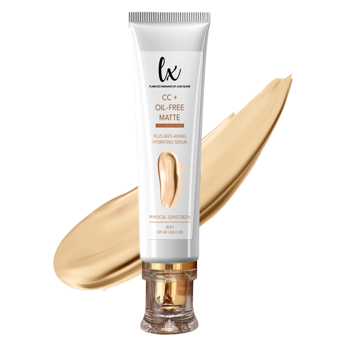 Flawless Radiance LX Blend CC+ Cream bottle front with oil-free matte finish for shine control
