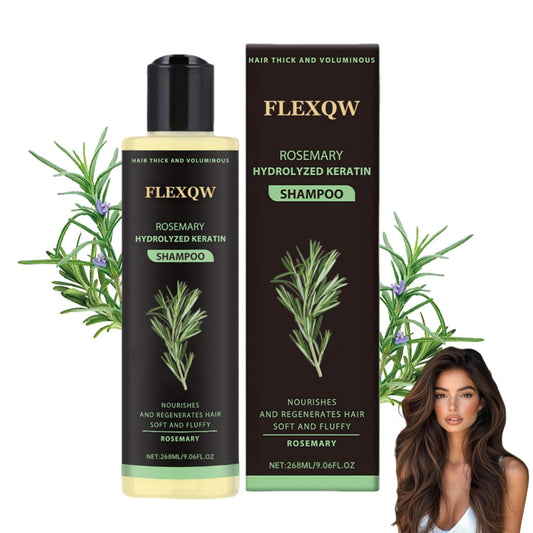 FLEXQW Rosemary Shampoo bottle highlights scalp nourishment