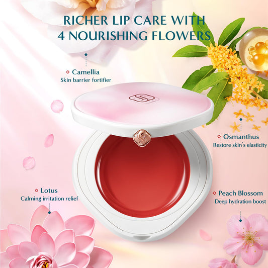 Florasis Dewy Touch Lip Balm in Sunburst Lotus on lips with nude pink refreshing feel