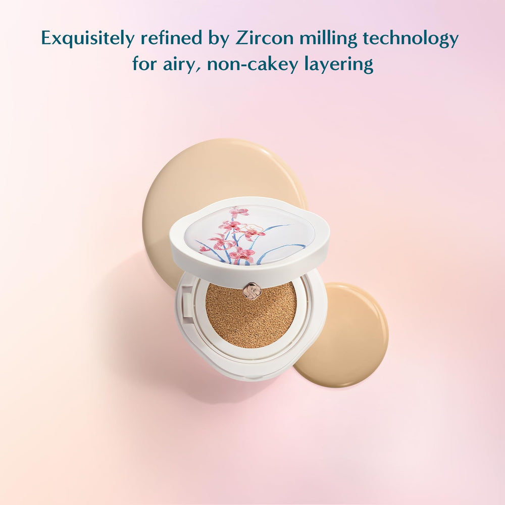 Applying FLORASIS Flawless Jade cushion for a soft matte, buildable finish