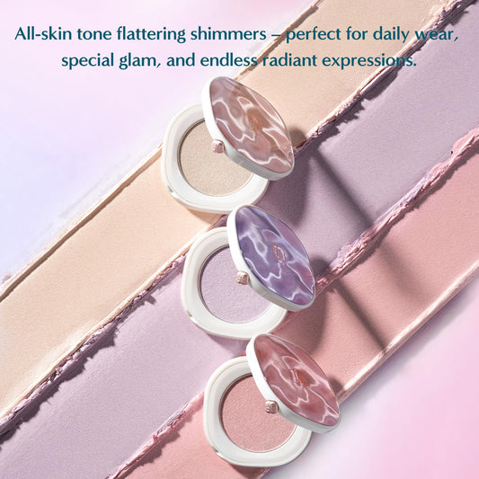 FLORASIS Gentle Waves Aqua Glow Highlighter 03 Lilac Haze swatches show a purple shimmer for a luminous look.