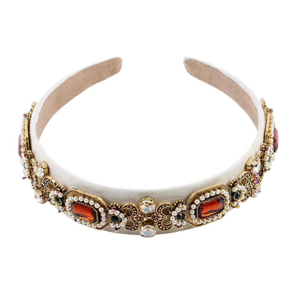Florate simulated pearl headband detail shows elegant rhinestones for evening wear.