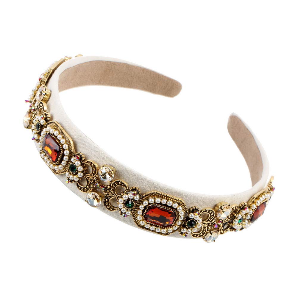 Florate simulated pearl headband front view highlights rhinestones for bridal sparkle.