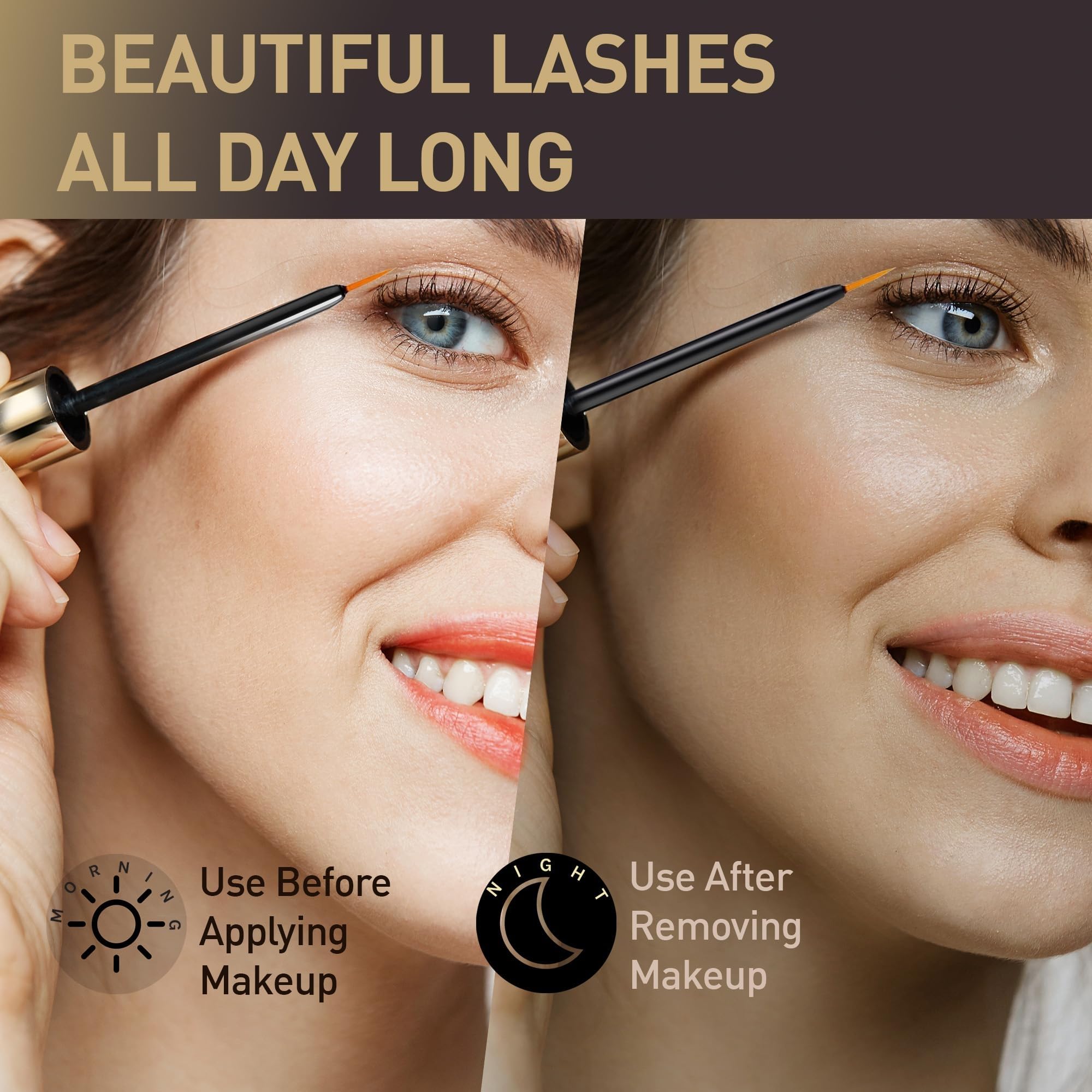 Floretsio lash serum before-after image suggests fuller lashes.
