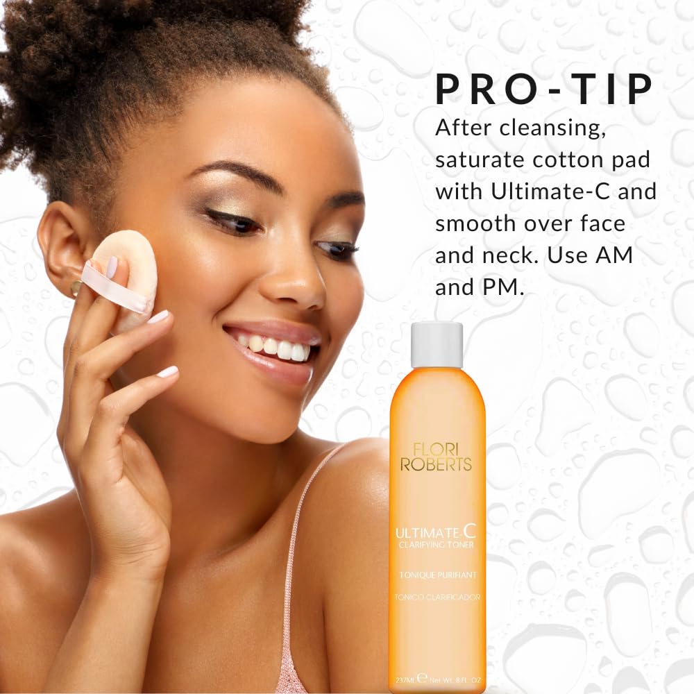 Flori Roberts Ultimate-C Clarifying Toner application on face uses a simple AM/PM routine.