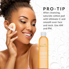 Flori Roberts Ultimate-C Clarifying Toner application on face uses a simple AM/PM routine.