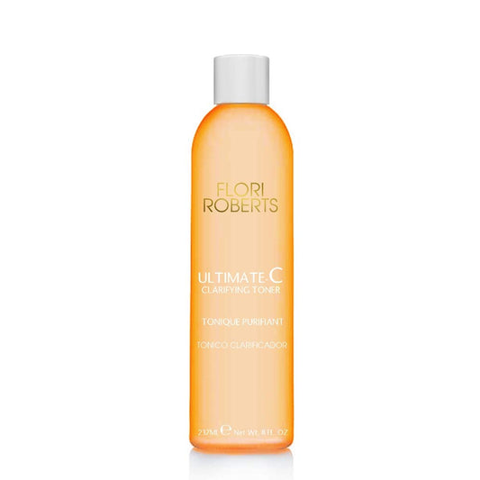 Flori Roberts Ultimate-C Clarifying Toner bottle refreshes and clarifies dry, uneven skin.
