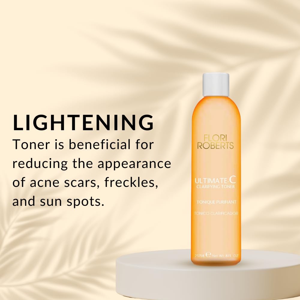 Flori Roberts Ultimate-C Clarifying Toner packaging with alcohol-free formula for sensitive, deeper skin tones.