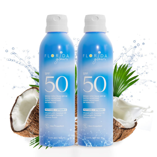 Florida Salt Scrubs Florida Glow SPF 50 spray bottle for quick sun protection on the go