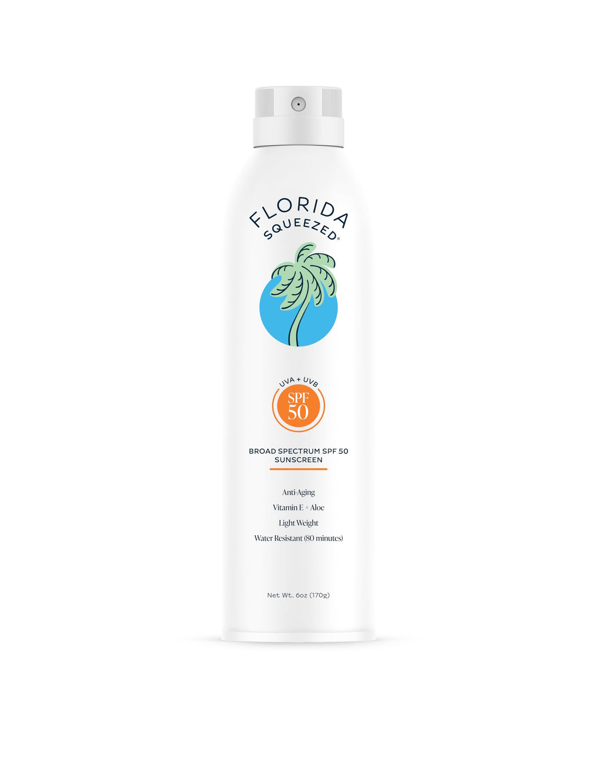 Florida Squeezed SPF 50 spray bottle delivering a quick, even sun protection mist.
