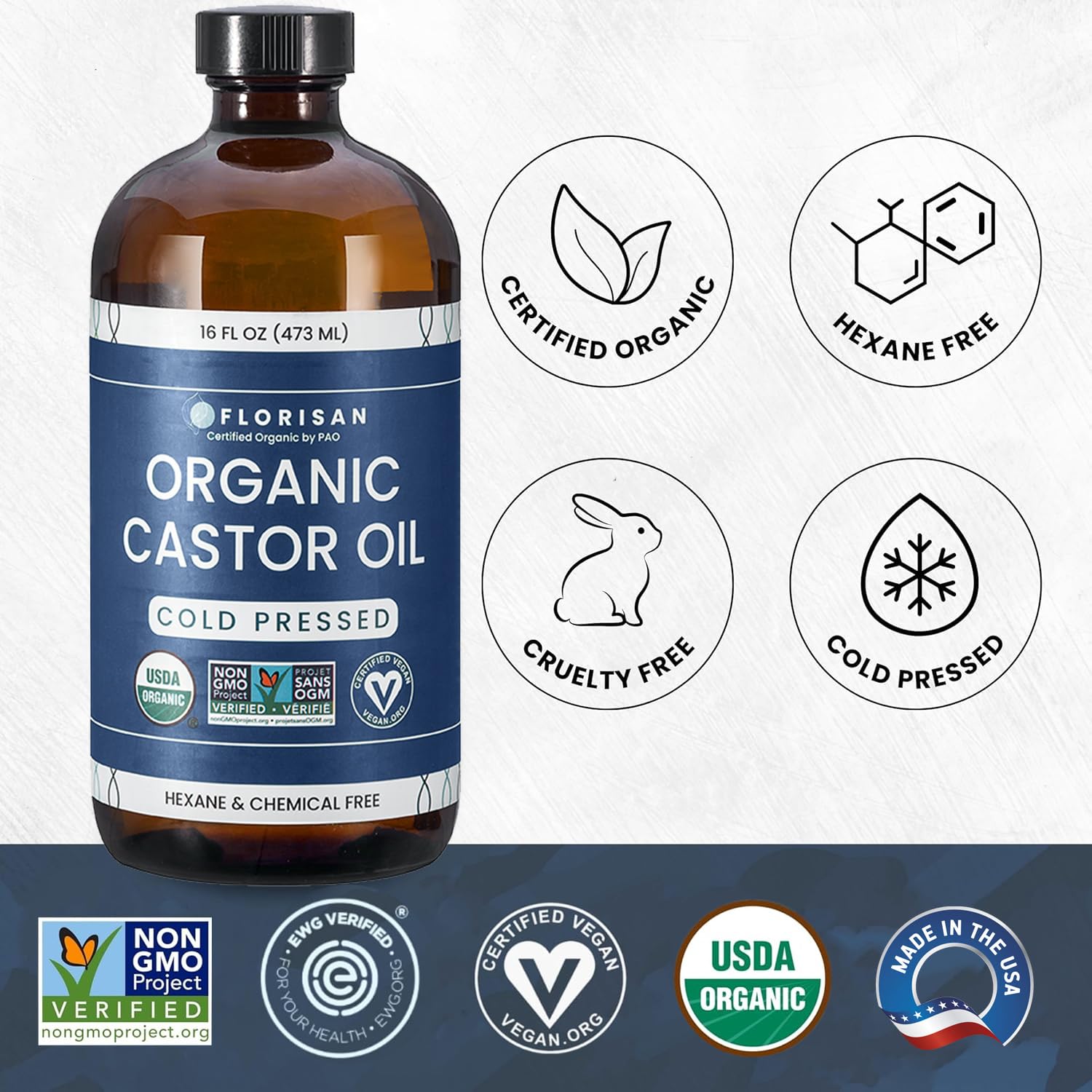 Close-up of Florisan castor oil label highlighting purity and organic certification