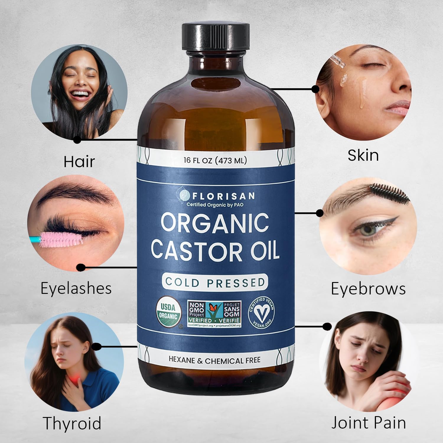 Clean drops of Florisan hexane-free castor oil emphasizing purity for hair and skin