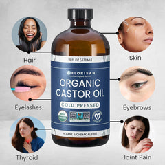Clean drops of Florisan hexane-free castor oil emphasizing purity for hair and skin