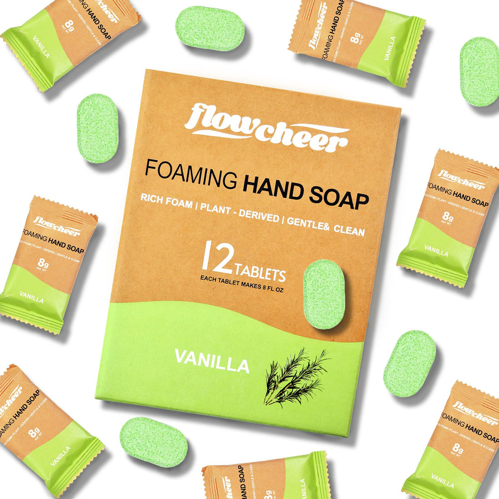 Flowcheer refill tablets pack demonstrates easy, eco-friendly soap refills for the whole family.