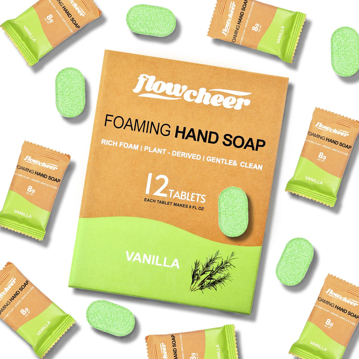 Flowcheer refill tablets pack demonstrates easy, eco-friendly soap refills for the whole family.