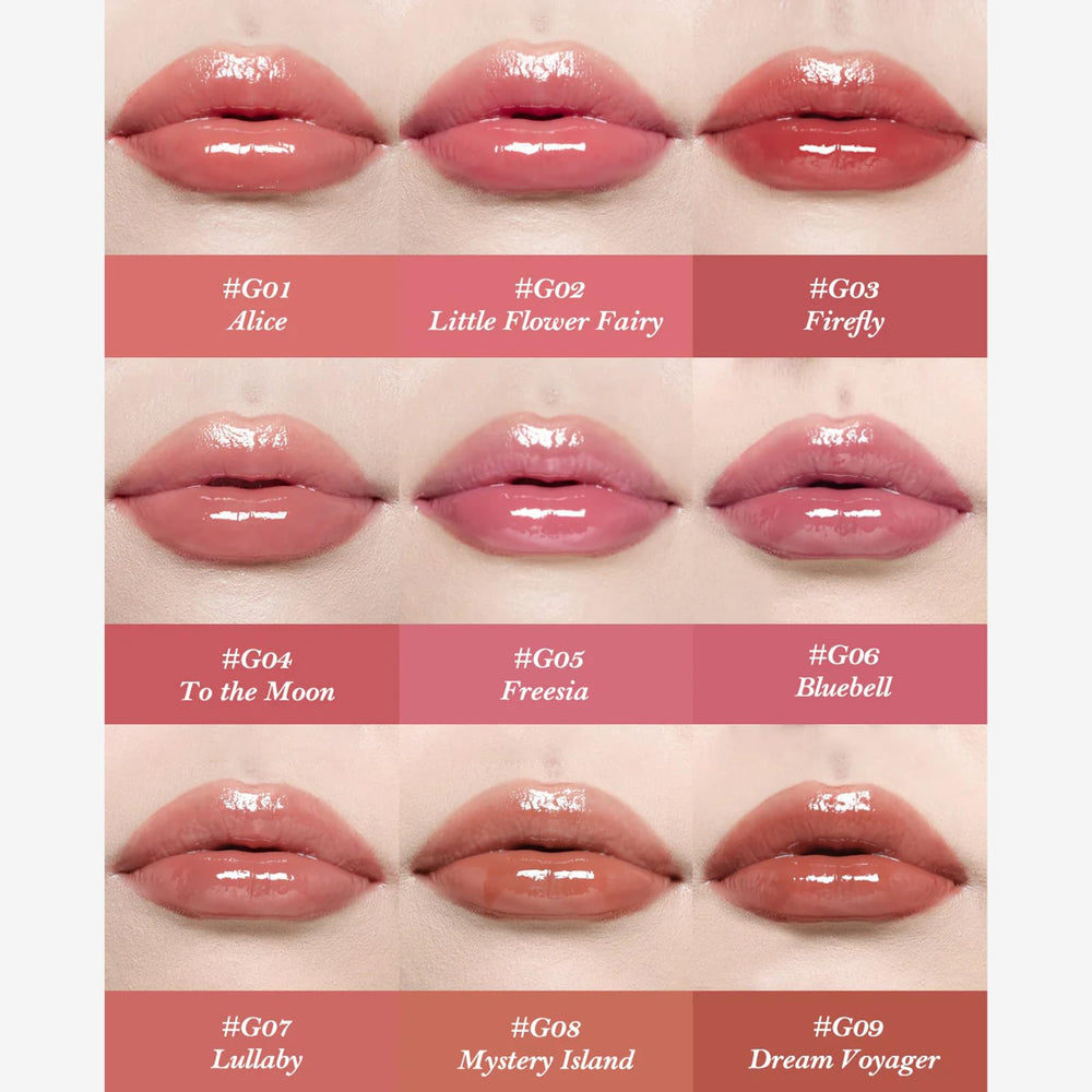 Flower Knows glowy non-fading lip gloss tube for a luminous, smudge-resistant finish