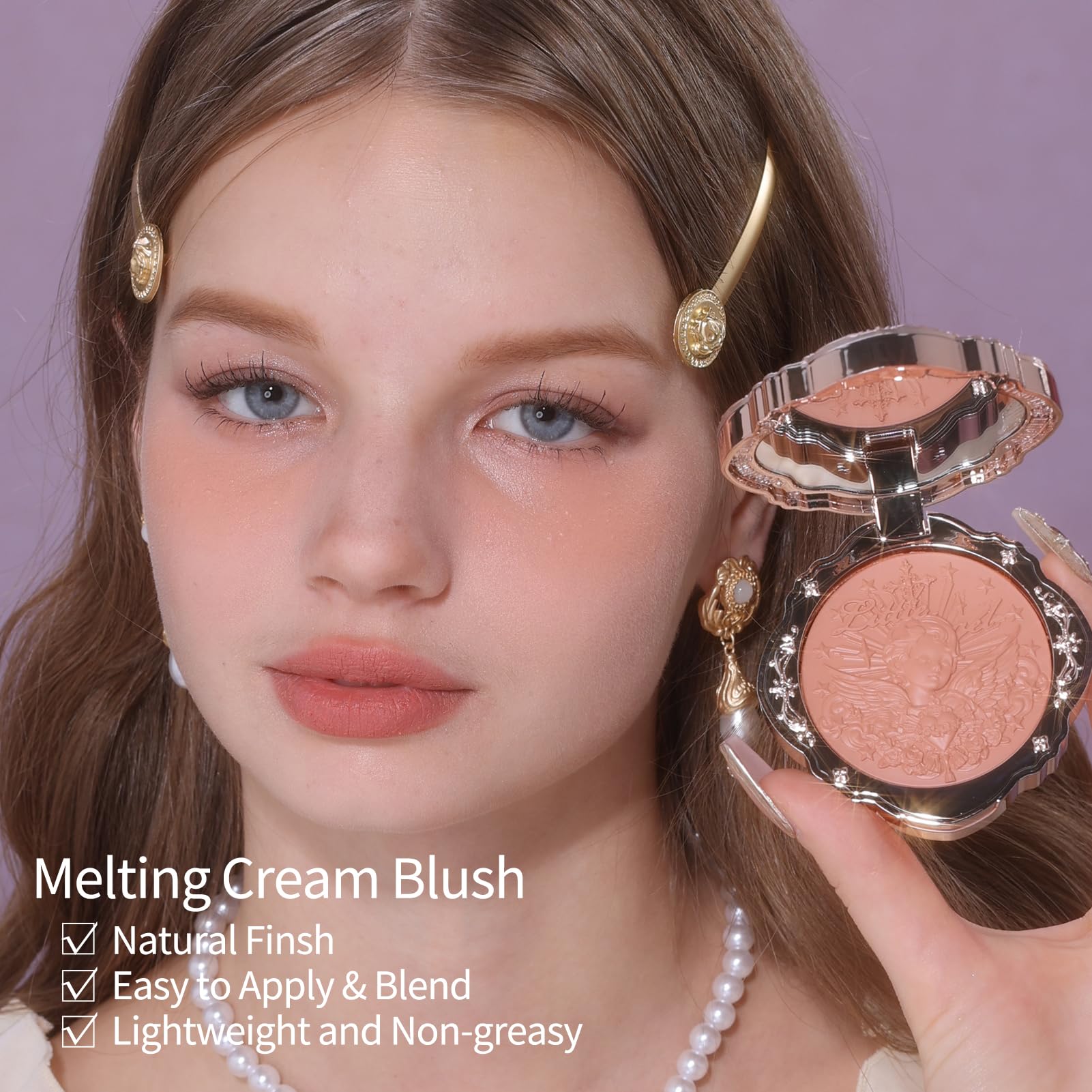 Application with puff for precise, even color on cheeks