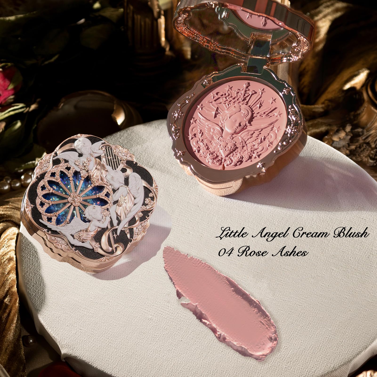 Flower Knows Little Angel Cream Blush Rose Ashes dusty mauve shade on cheeks.