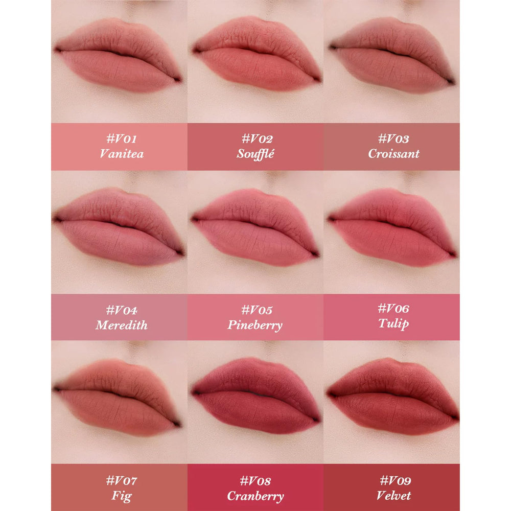 Flower Knows matte lip cream application on lips revealing velvety texture and comfort