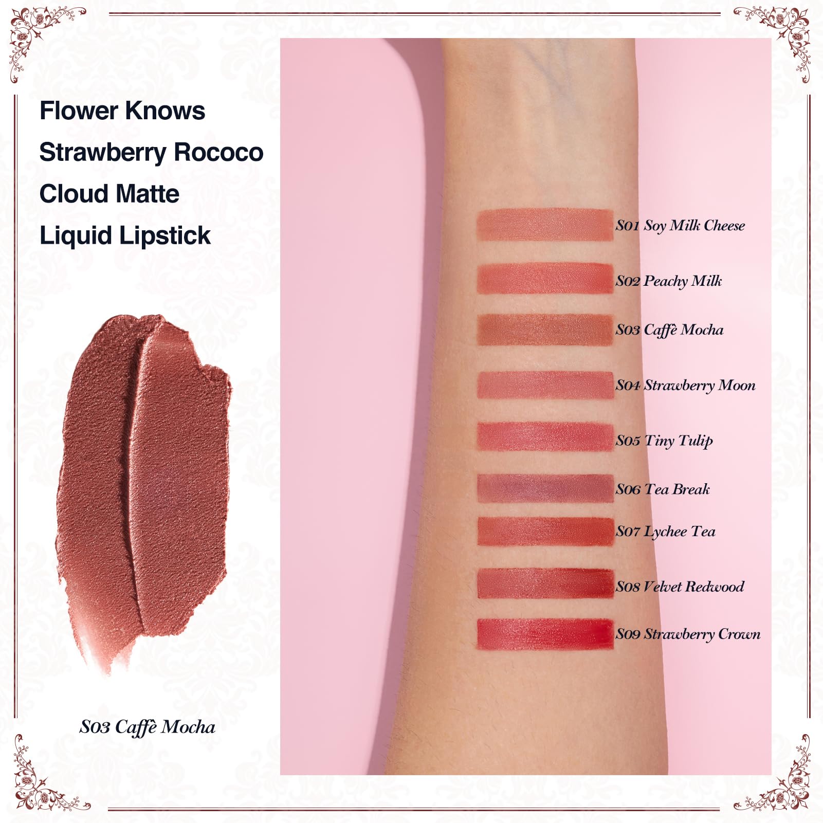 Flower Knows S03 Caffè Mocha swatches in warm brown nude tones.