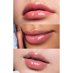 Flower Knows Shell's Jewel Lip Glaze on lips reveals a glassy finish and hydration.
