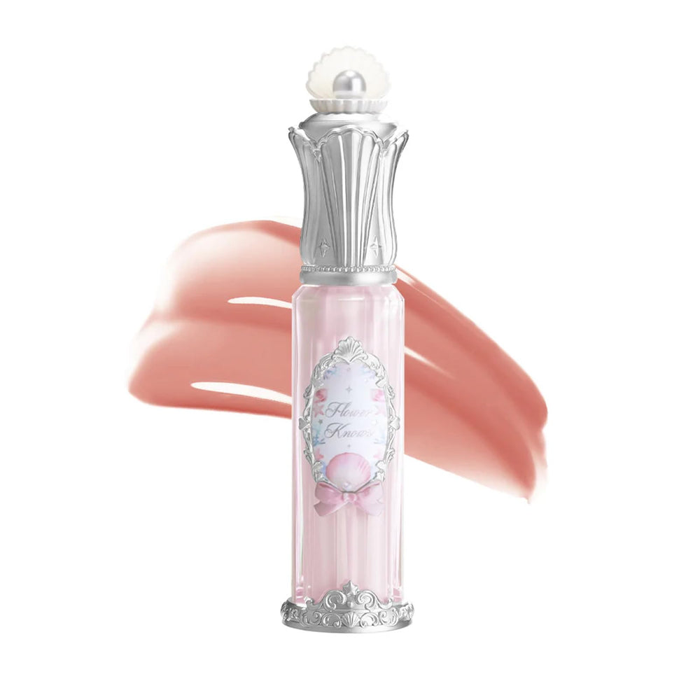 Flower Knows Shell's Jewel lip glaze bottle with P01 Champagne Pearl for luminous pinky-apricot glow.