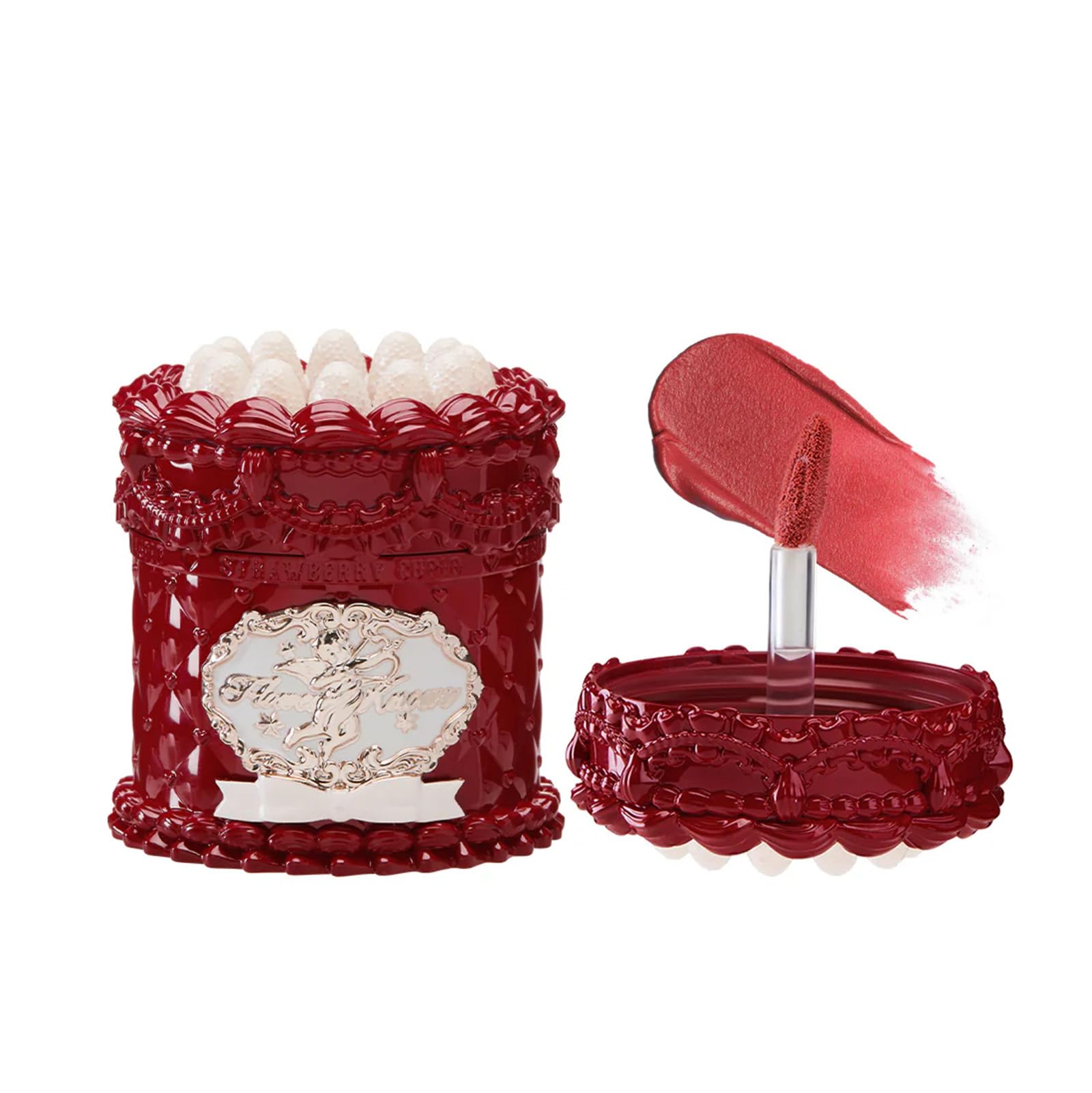 Flower Knows lip cream jar with strawberry cupid cake design for playful lip color