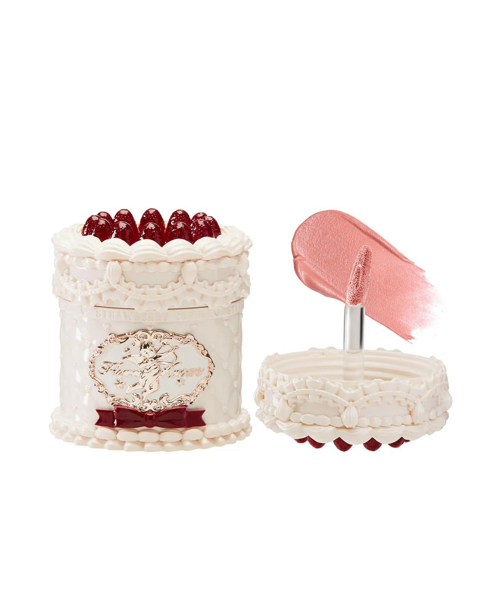 Flower Knows Strawberry Cupid Cake Lip Cream jar close-up showing a playful pink-brown shade for everyday wear