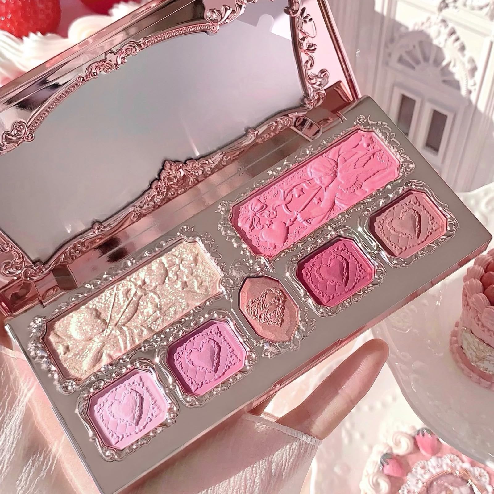 Flower Knows Strawberry Cupid Palette five matte two shimmer shades for versatile looks.