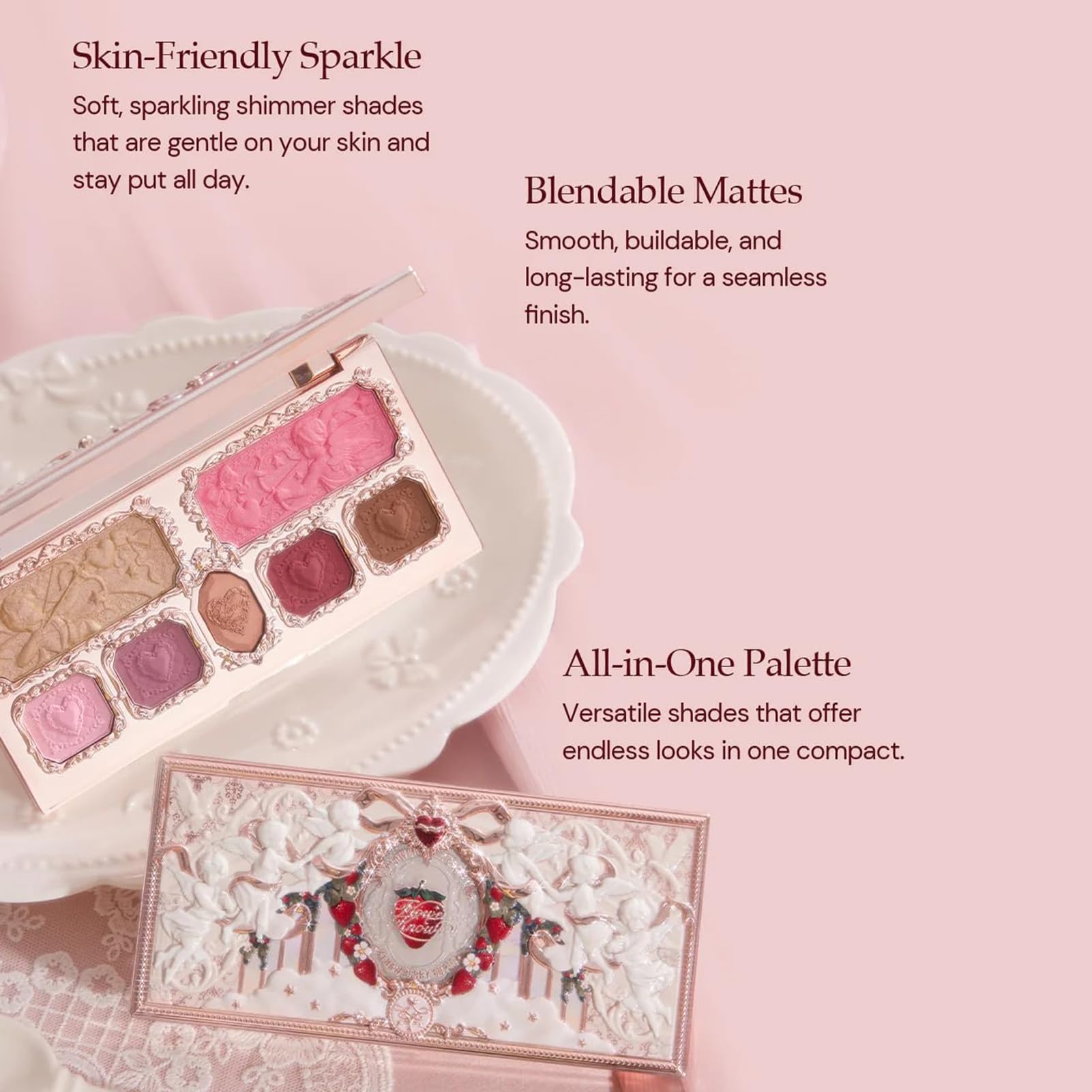 Flower Knows Strawberry Cupid Palette hand swatches reveal blendable texture for seamless layering.