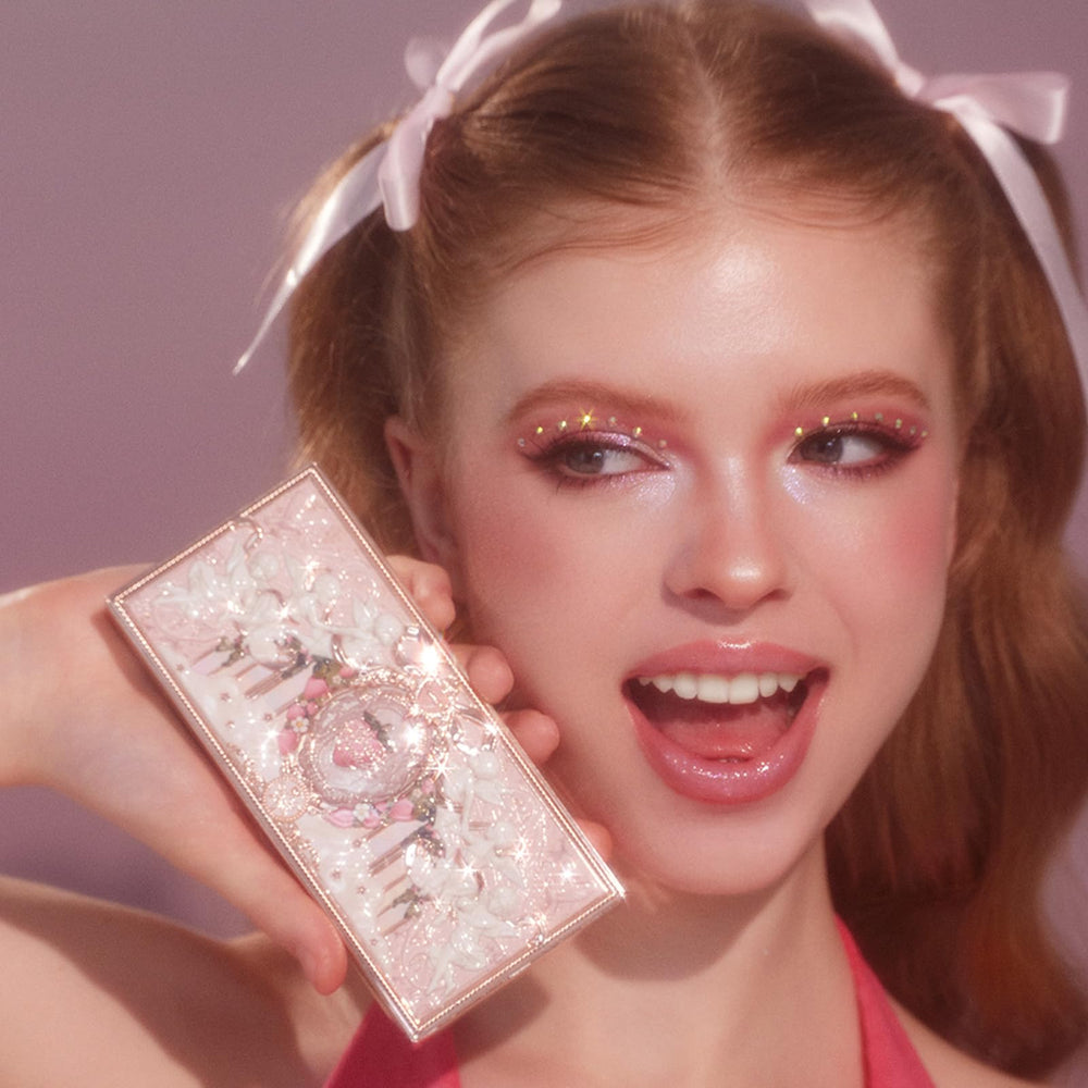 Flower Knows Strawberry Cupid Palette ornate design inspired by European ceilings enhances beauty routine.