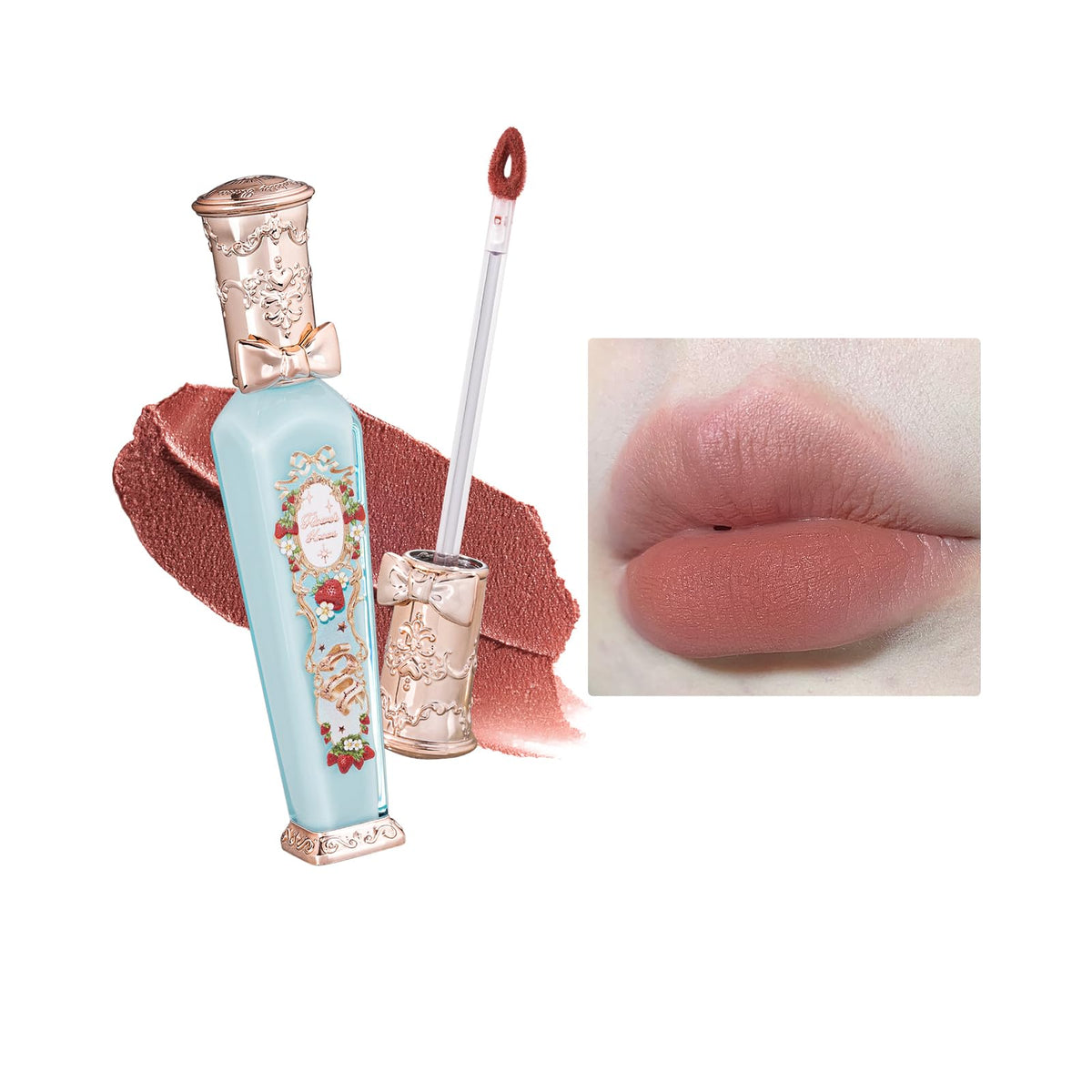 Flower Knows Strawberry Rococo bottle with elegant packaging for premium lip color.