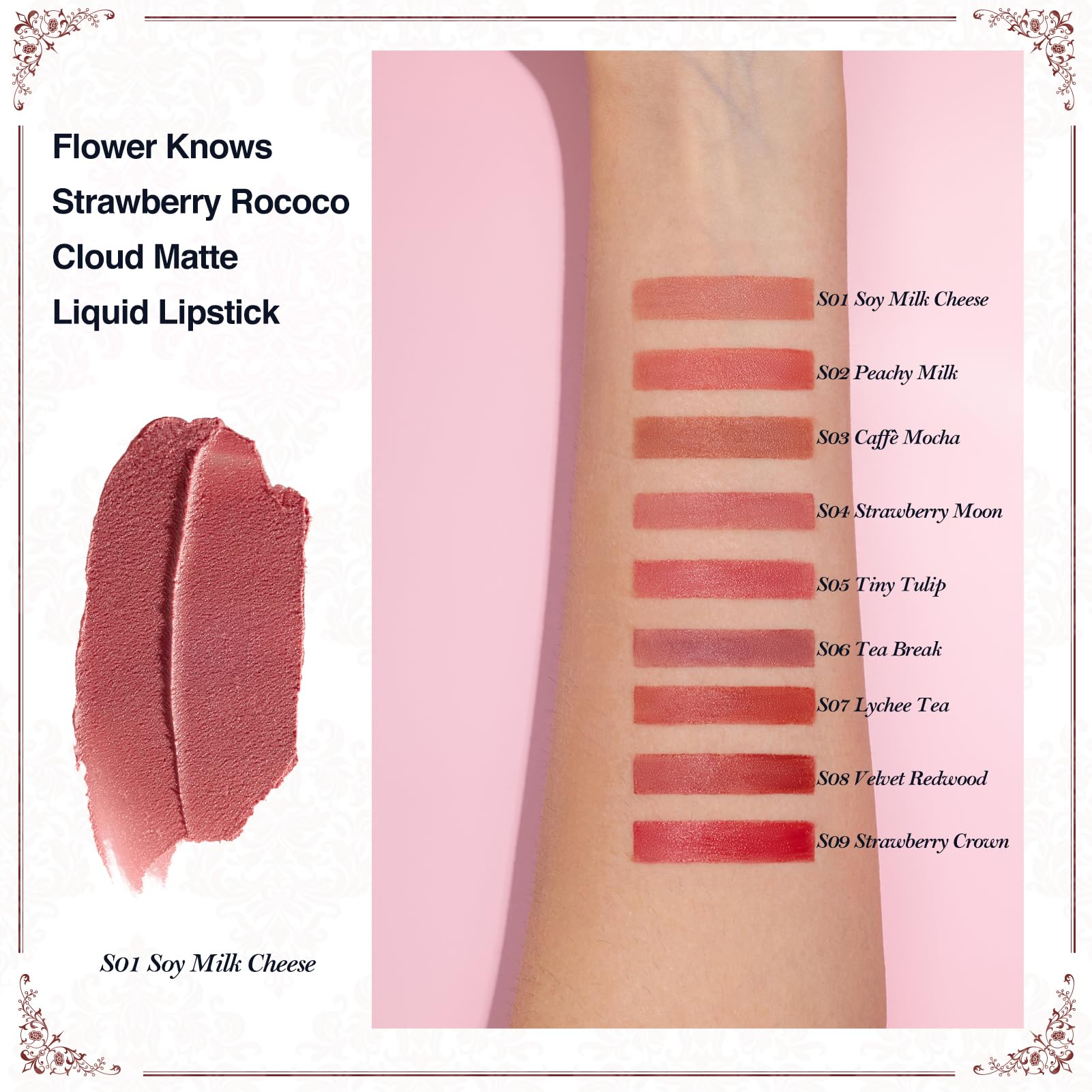 Flower Knows Strawberry Rococo matte finish—silky, weightless color that lasts.