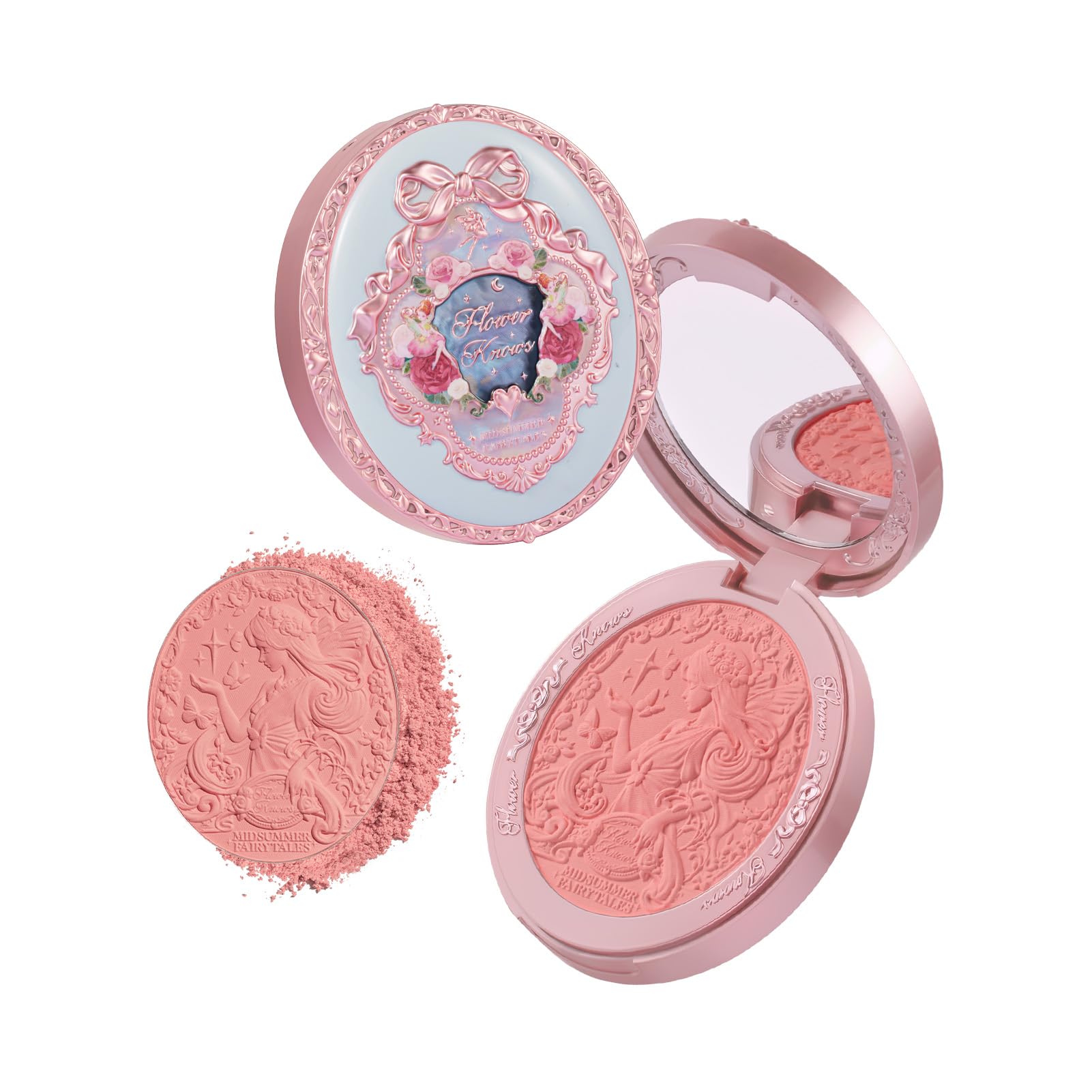 Flower Knows Summer Blossom embossed blush compact with intricate 3D detail for display
