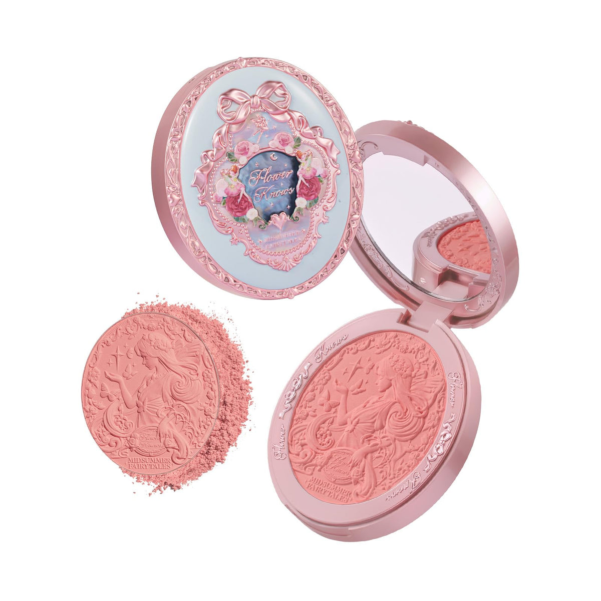 Flower Knows Summer Blossom embossed blush compact with intricate 3D detail for display