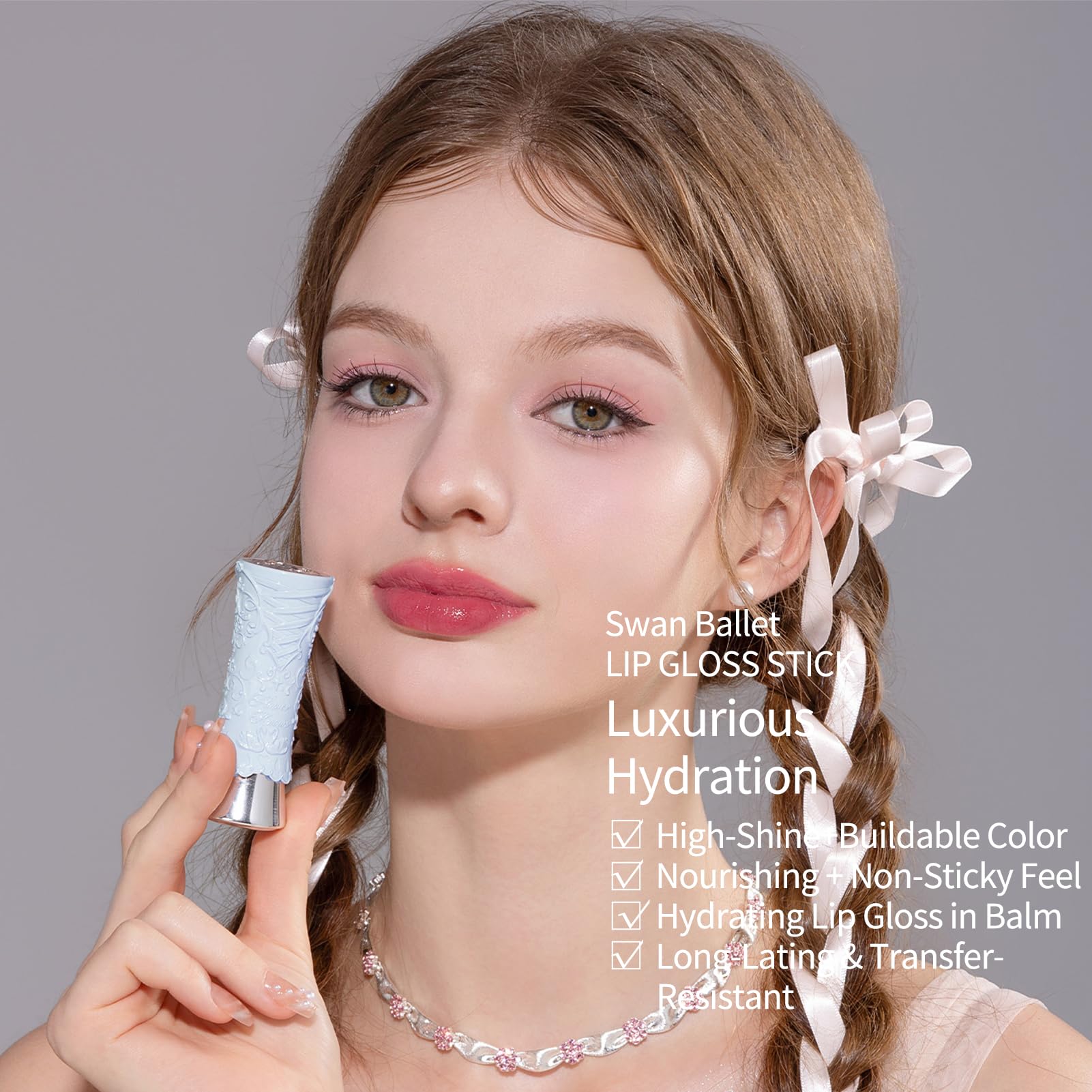 Flower Knows Swan Ballet Shine jelly finish swatch highlights high-shine, non-sticky gloss.