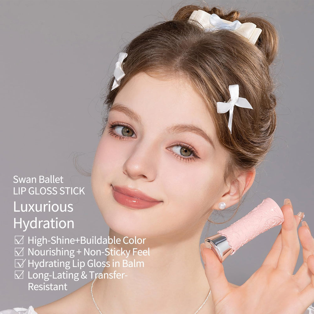 Flower Knows Swan Ballet Shine Lipstick application closeup shows smooth, non sticky layer.