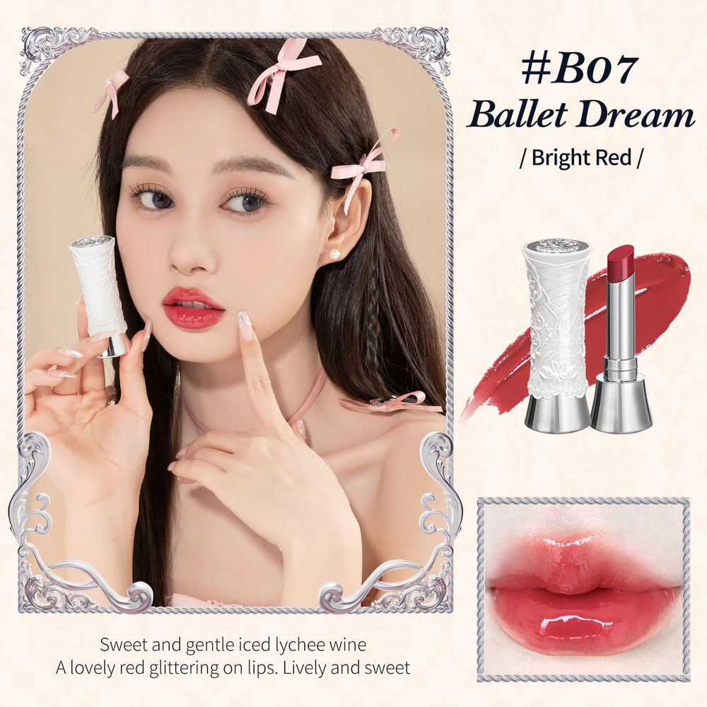Flower Knows Swan Ballet Shine Lipstick Ballet Dream Red offers bright, bold lychee-inspired appeal.