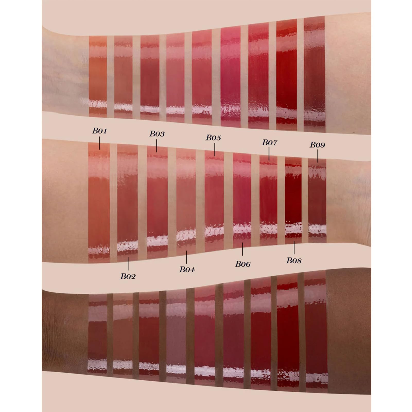 Flower Knows Swan Ballet Shine Lipstick swatch reveals jelly finish and bright shine.