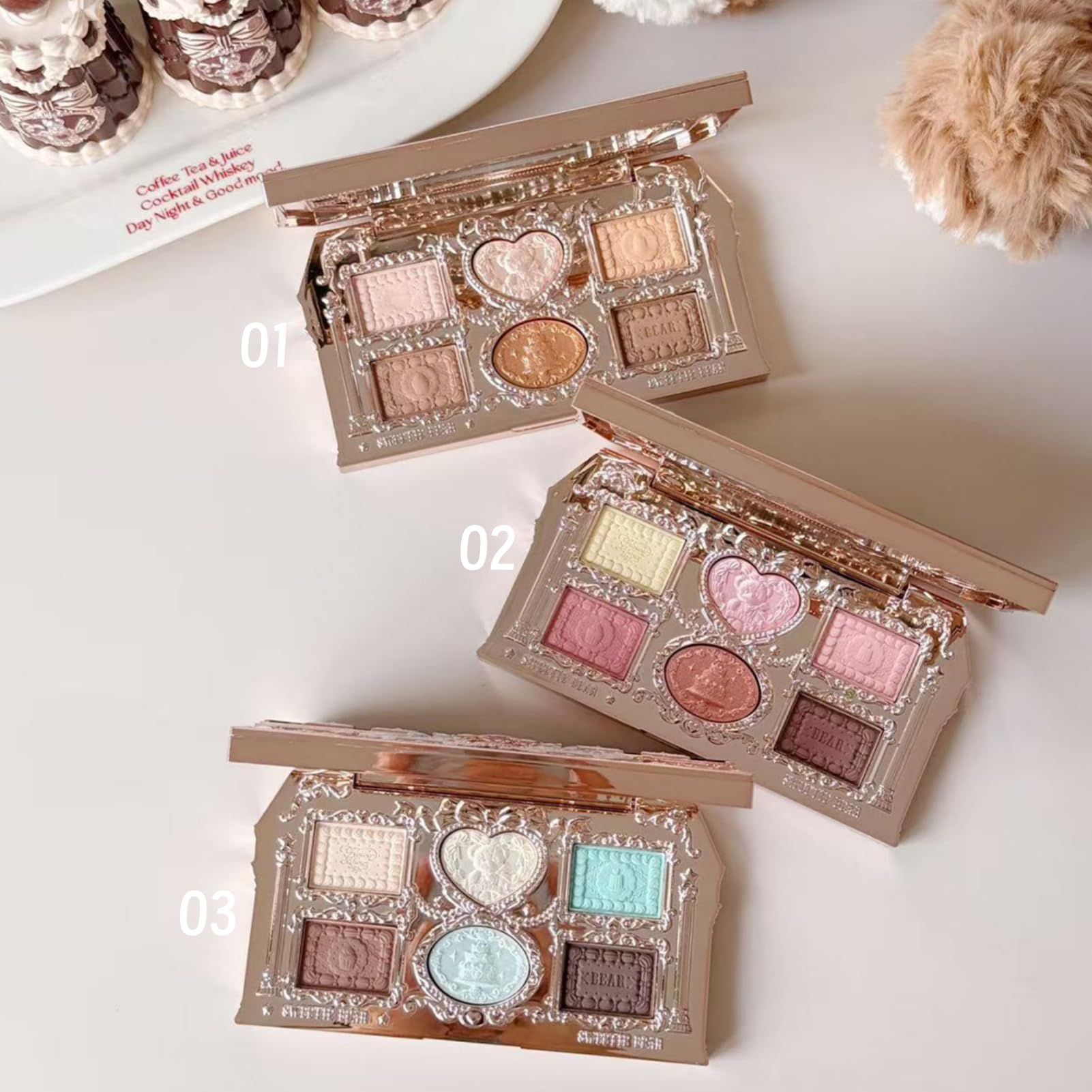 Flower Knows Sweetie Bear shimmer shades close-up catch light with a soft glow.