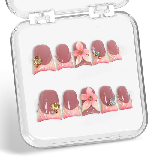 Flower press on nails with duck style golden shell accents for elegant wear.